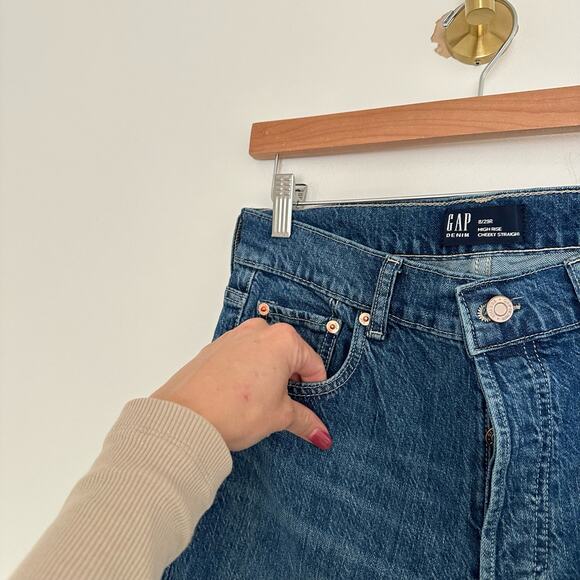 Gap Denim High Rise Cheeky Distressed Button Fly Cuffed Straight Jeans Blue 8 - Picture 8 of 9